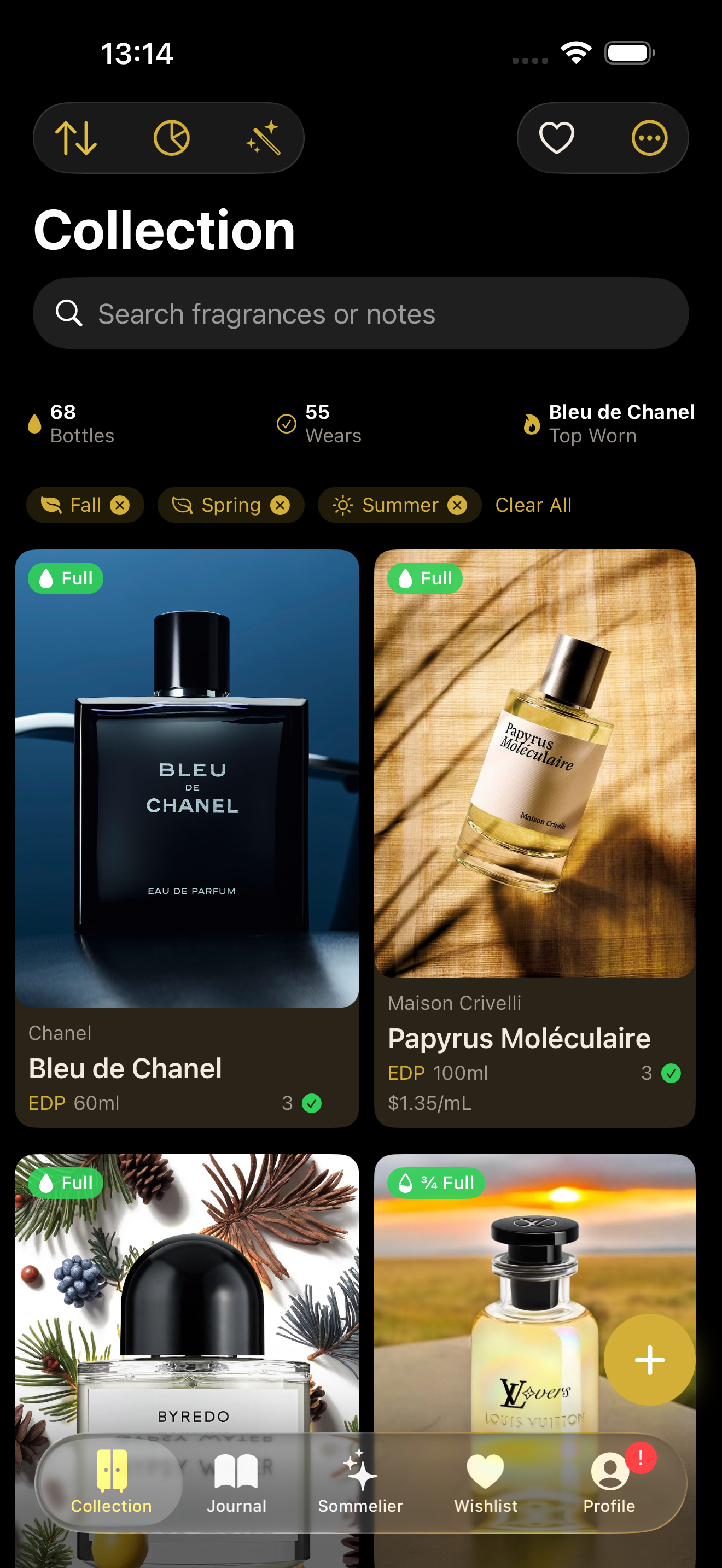 Drydown collection view with multi-select filters, wear counts, and fill levels