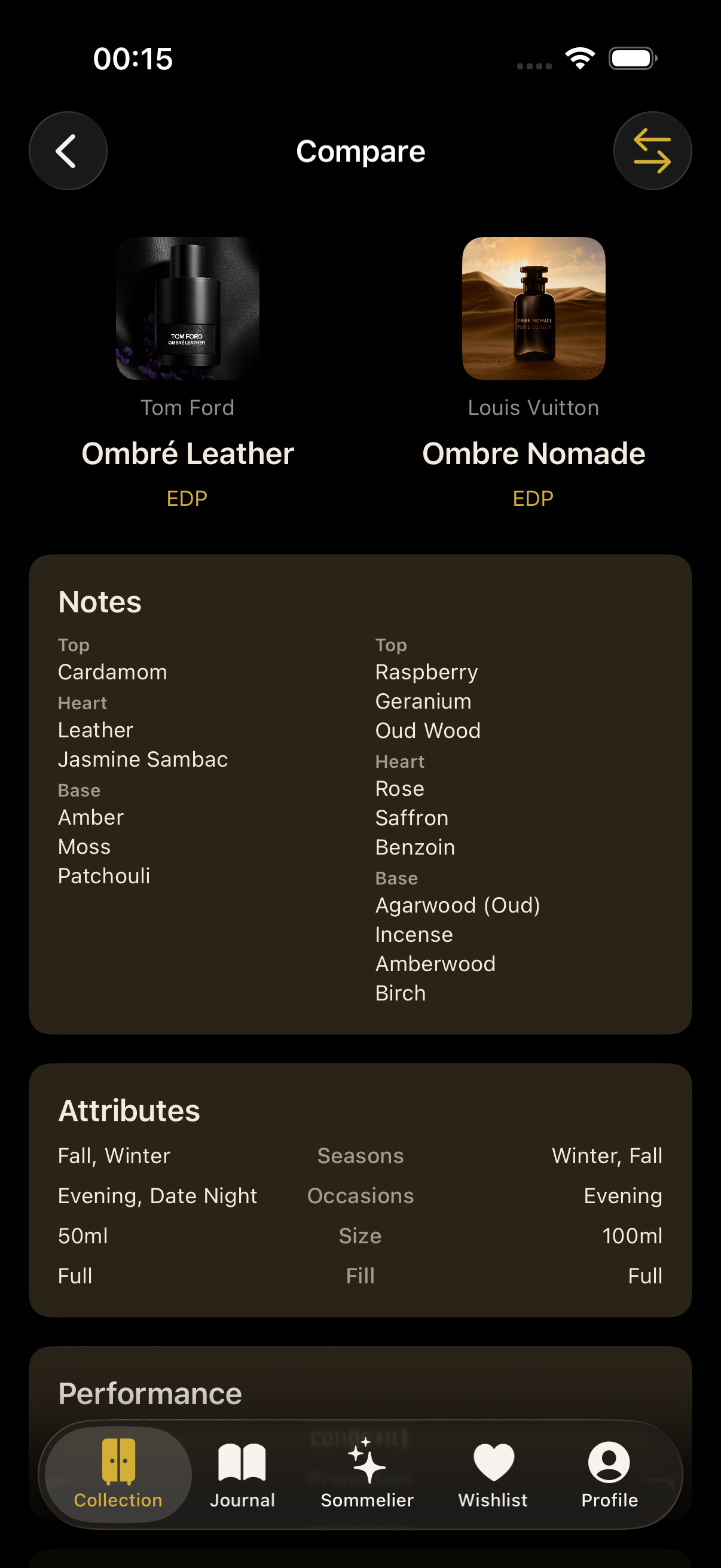 Side-by-side fragrance comparison showing shared notes and performance stats