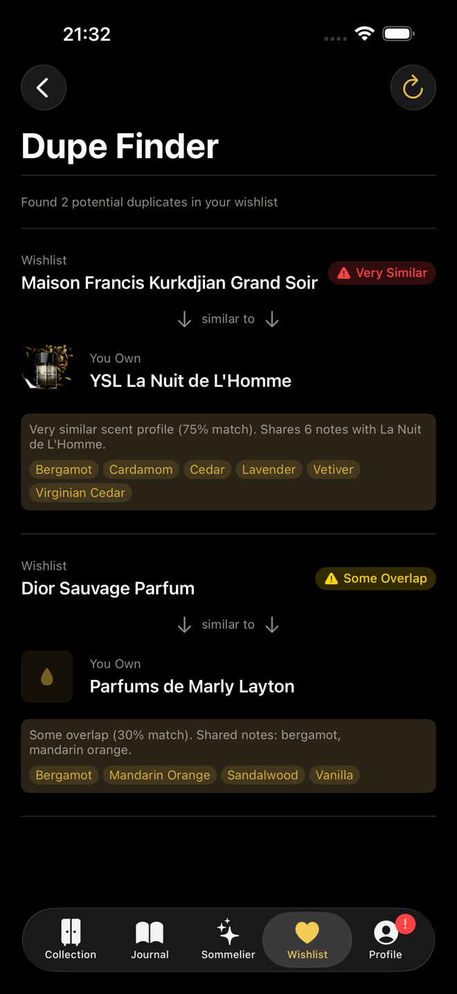 Dupe Finder detecting similar fragrances in your wishlist