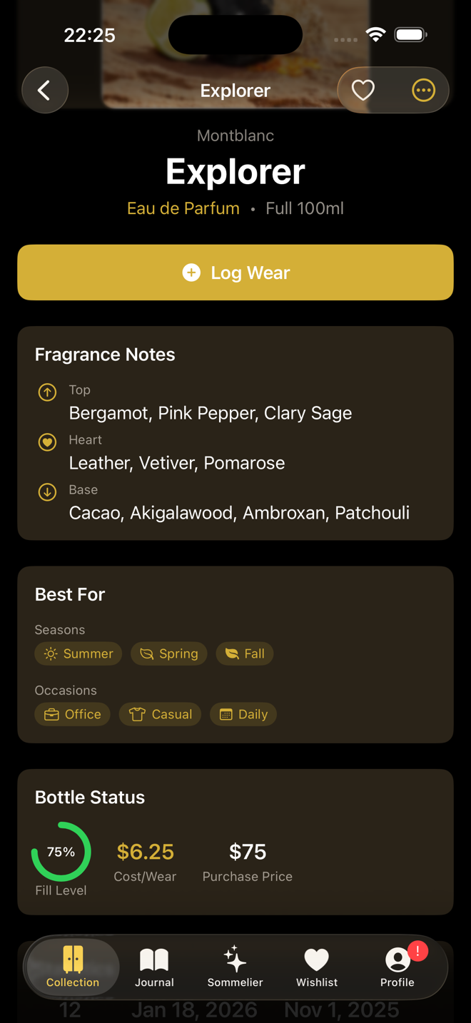 Fragrance detail view showing notes, seasons, occasions, fill level, and cost per wear