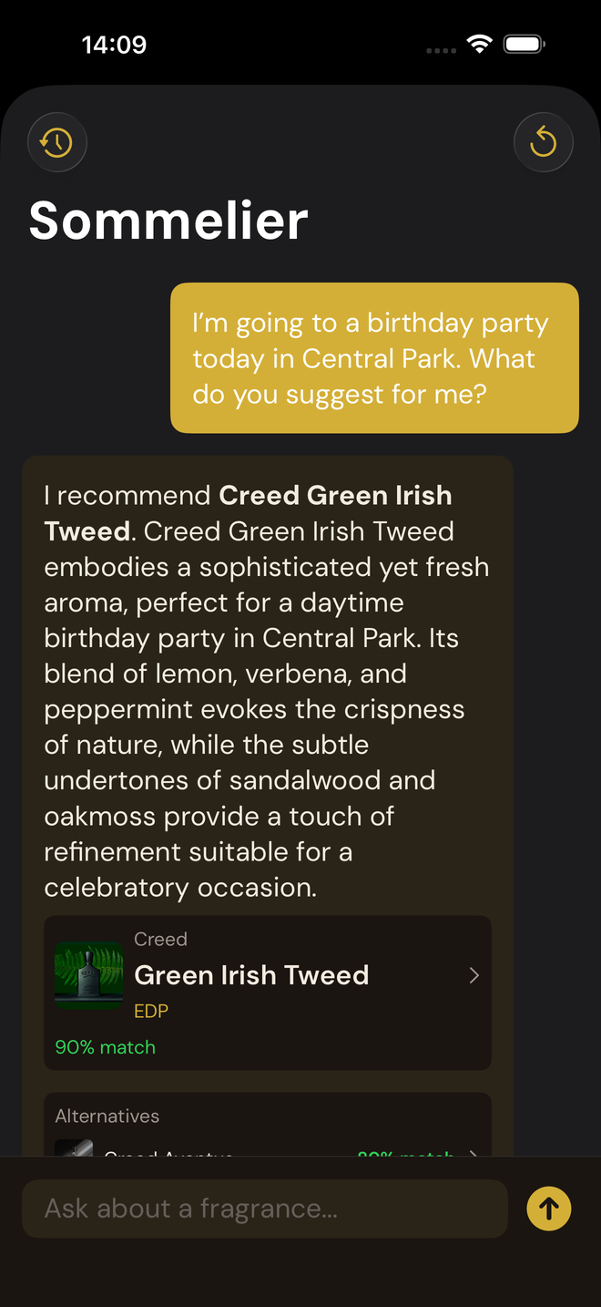 The Sommelier recommending Creed Green Irish Tweed for a birthday party in Central Park with a 90% match