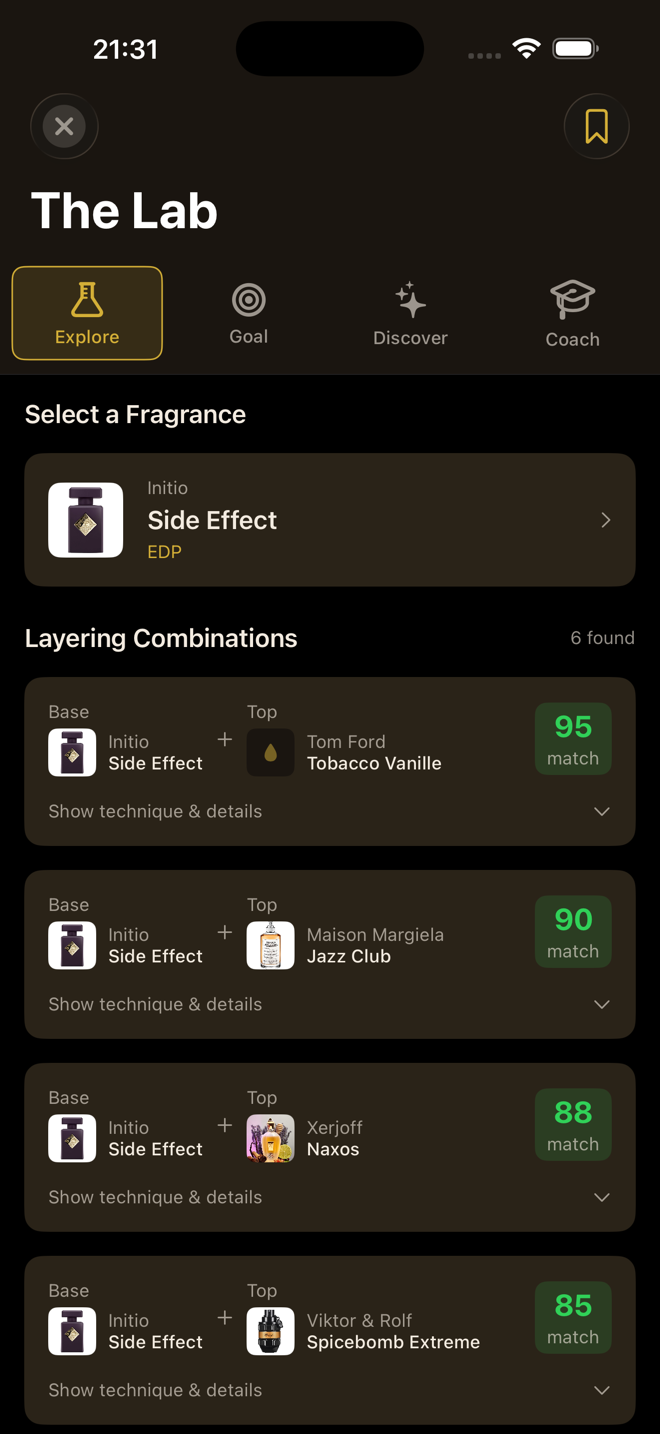 The Lab showing layering combinations for Side Effect with compatibility scores up to 95%