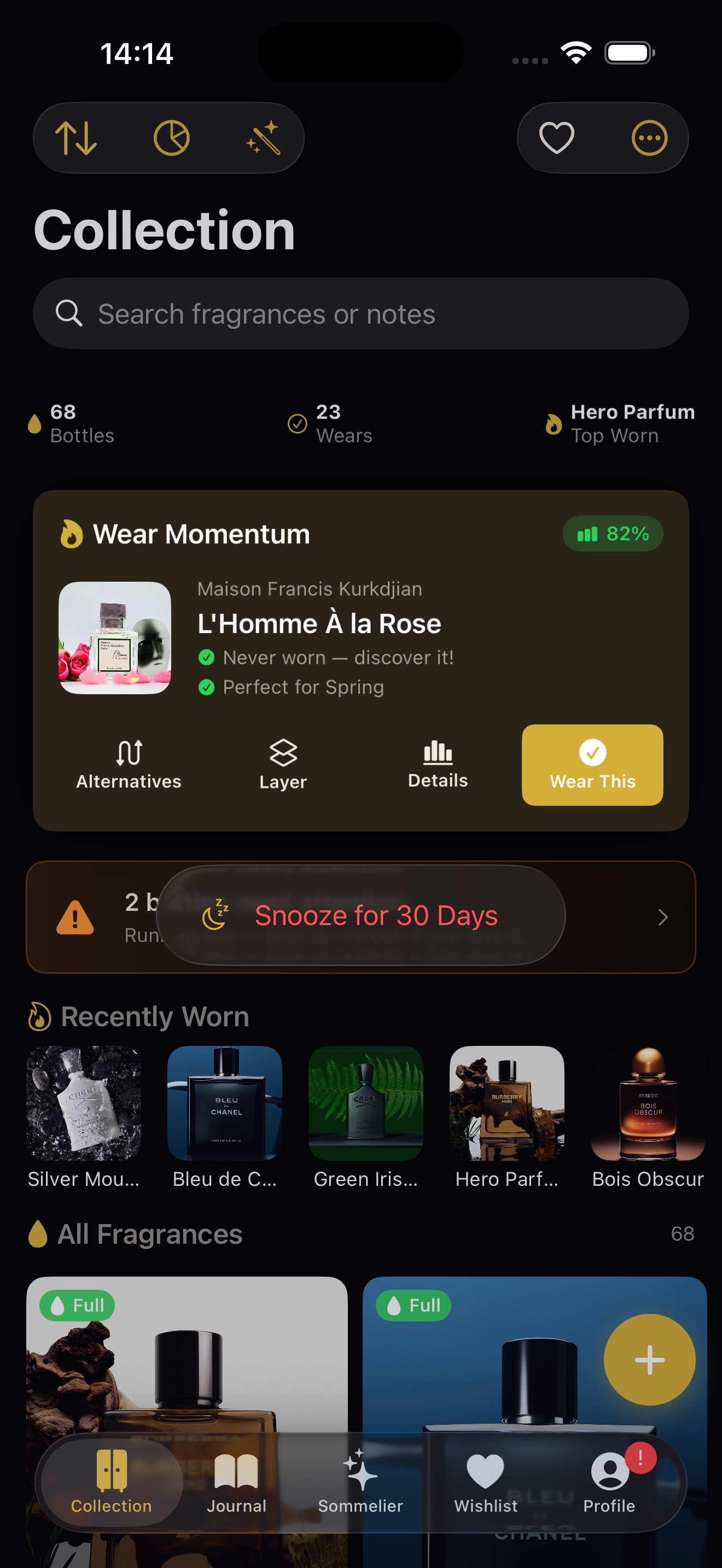 Wear Momentum showing recommendation with snooze action