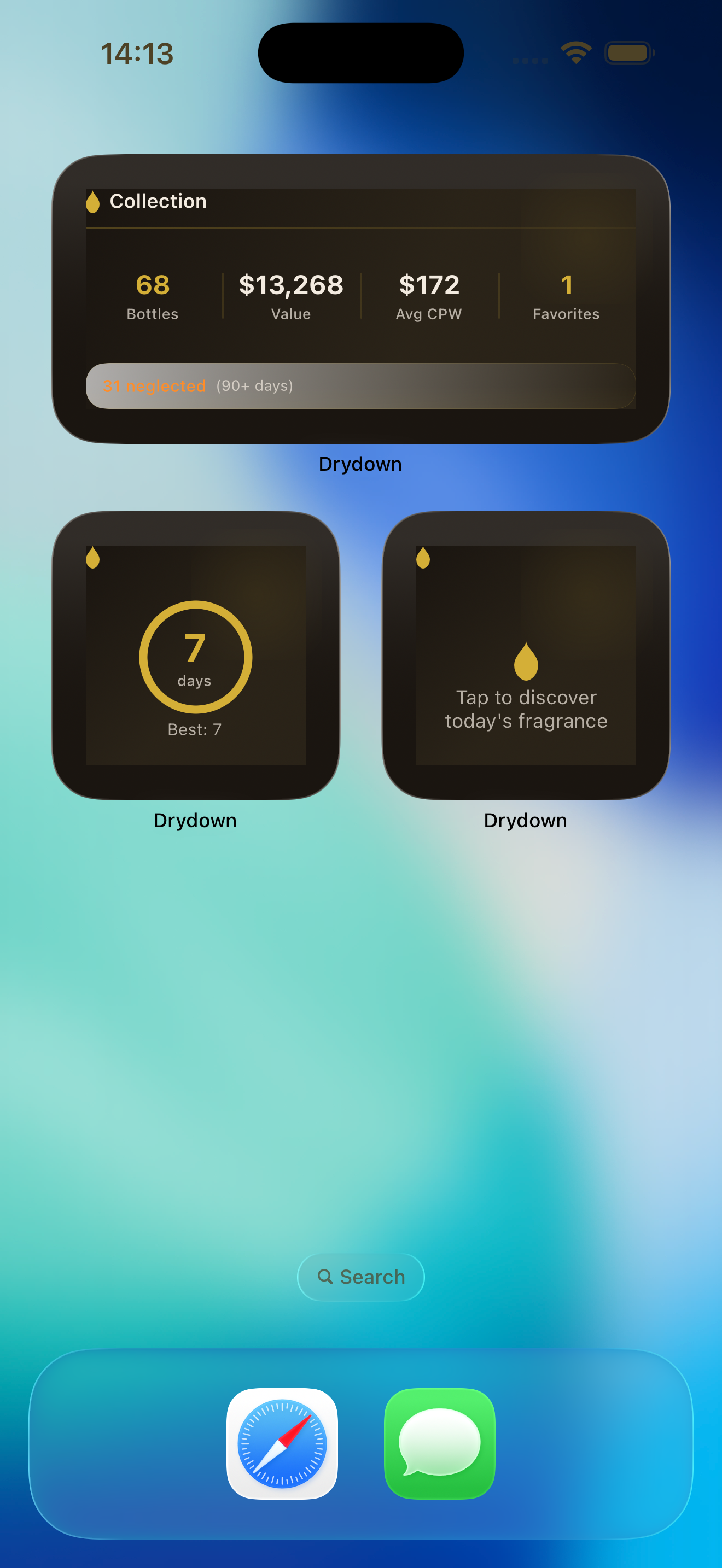 Home screen with premium glass card Drydown widgets